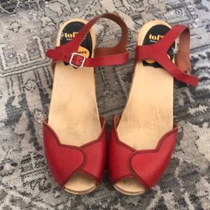 Swedish Hasbeens red leather heart clog slingback